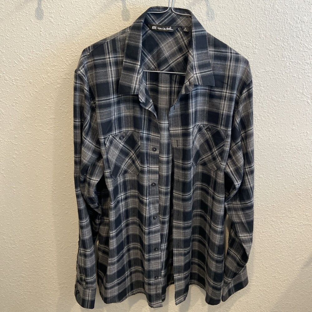 Travis Mathew Flannel Shirt XL Black Gray Plaid Golf Long Sleeve Button Up